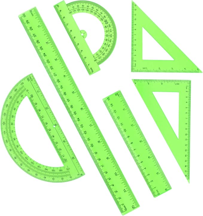Plastic Clear Ruler Math Set, 6" | 12" Straight Ruler Protractor, 2 Protractors 180 Degree 2 Triangle Rulers 45 | 60 Degree 2 Straight Rulers Measuring Tool for School Office Home Supplie,Green