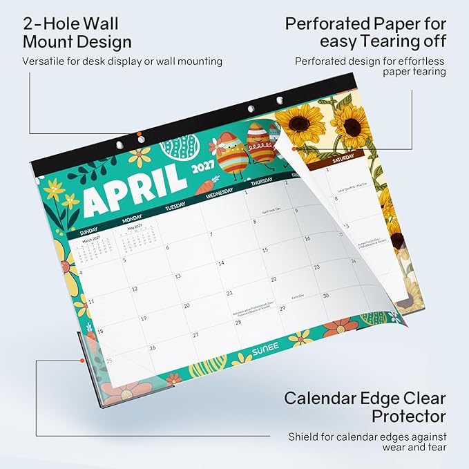 SUNEE Desk Calendar 2027 - 17" x 12" Desk Pad Calendar, 18-Month Monthly Planner Oct. 2026 - Mar. 2028, Desktop Calendar with 308 Planner Stickers, Plastic Protective Corners for Office, School and Home, Seasons Color
