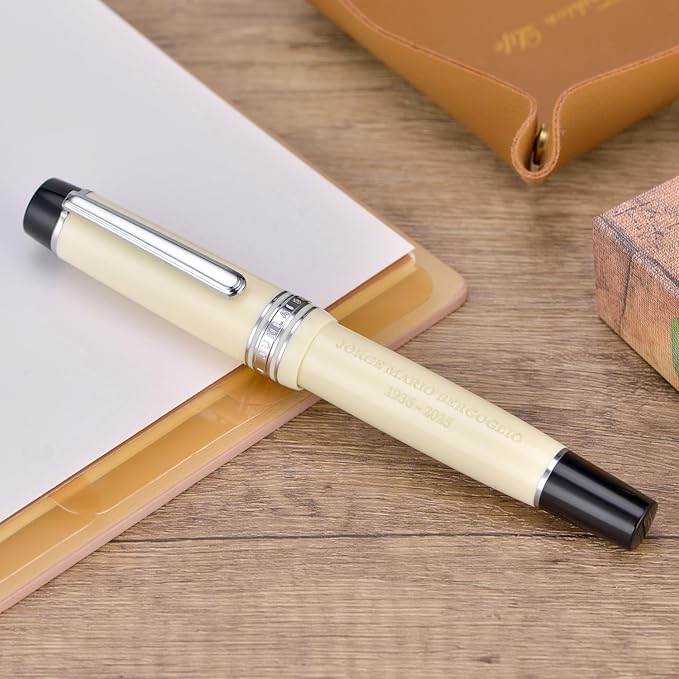 Wikult Yongsheng Junlai 930 Piston Fountain Pen, Ivory White Size 9 Iridiun Fine Nib, Fence Ink Tank Flat Top Design with Pope Memorial Engraving Limited Edition (Silver Trim)