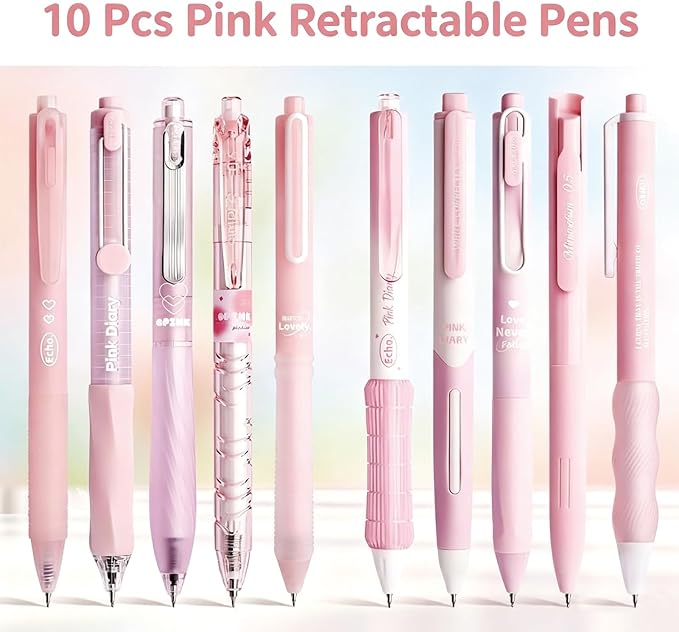 10Pcs Cute Pink Retractable Gel Pens 0.5mm Black Ink Pen for Women Girls