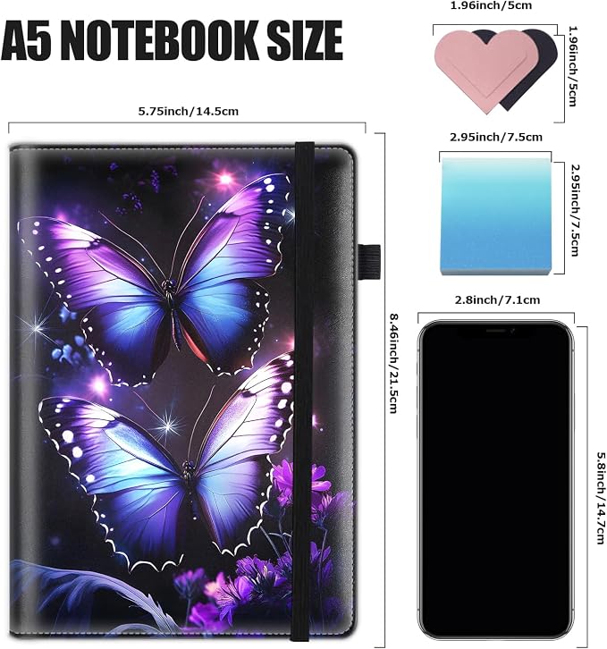 Hardcover Executive Notebooks, A5 PU Leather Lined Journal Notebook, 200 Pages Thick Paper Subject Notebooks for School,Work,Home Writing Business Notebook, Diary Book ，Purple Butterfly