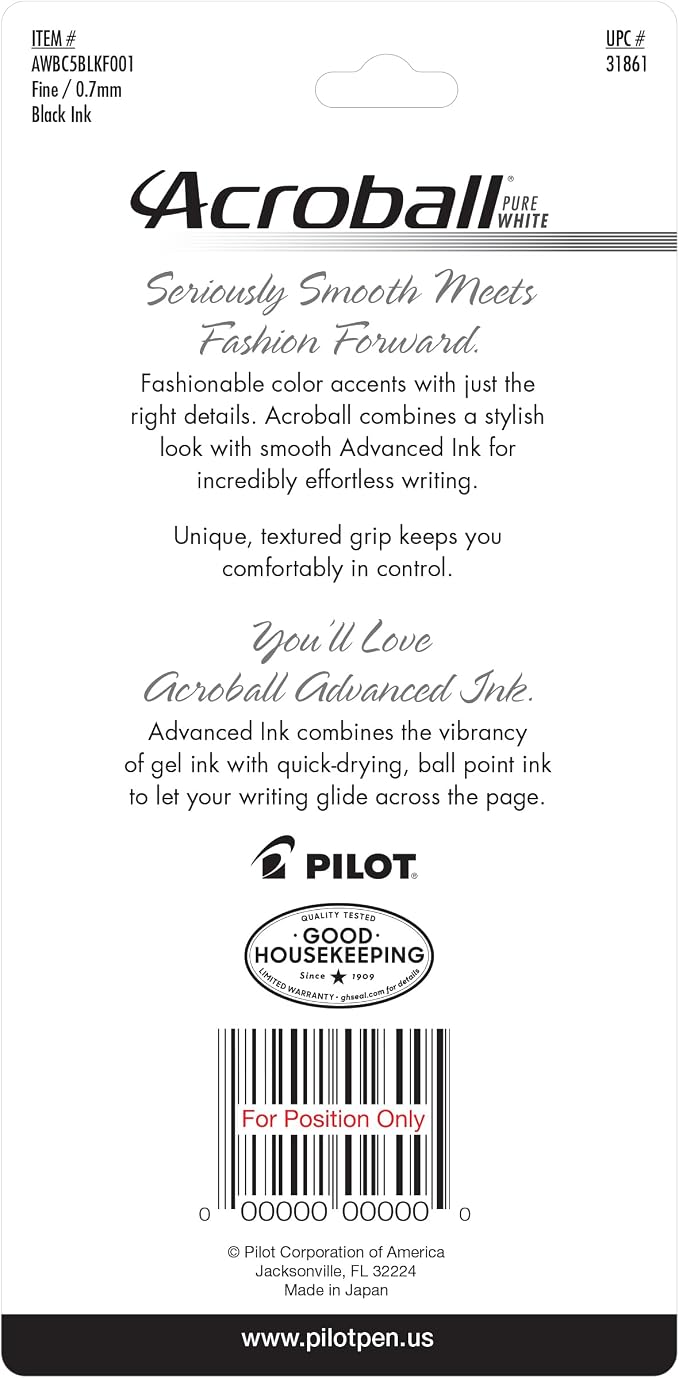 Pilot Acroball PureWhite Advanced Ink Refillable & Retractable Ball Point Pens with Assorted Accents, Fine Point, Ballpoint Pens, Black Ink, 0.7mm, 5-Pack