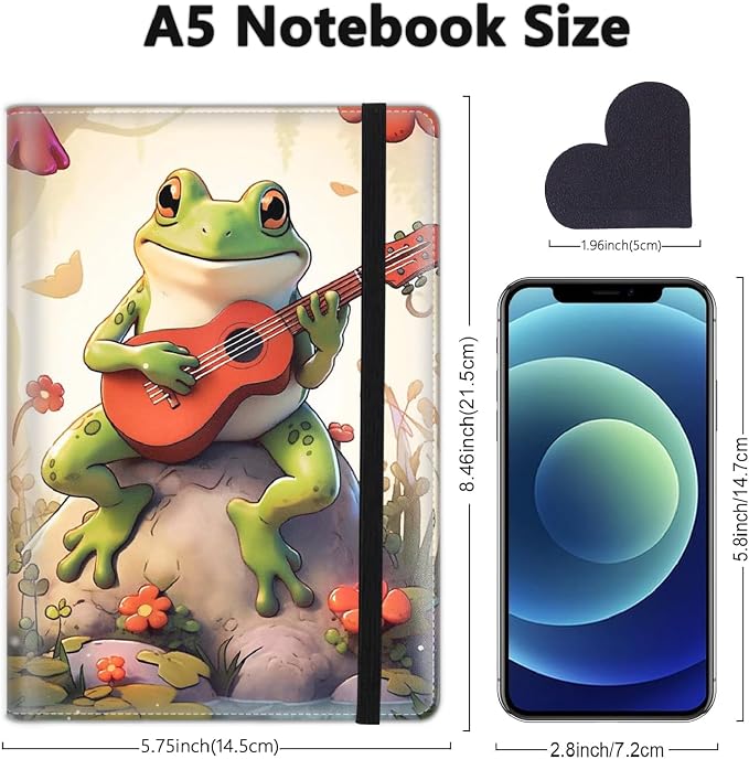 A5 Leather Lined Journal Notebook, 200 Pages Hardcover Executive Notebook for Men Women Office School Note Taking, Thick Writing Paper Daily Journal with Bookmarks/Indexes, Frog Playing Guitar