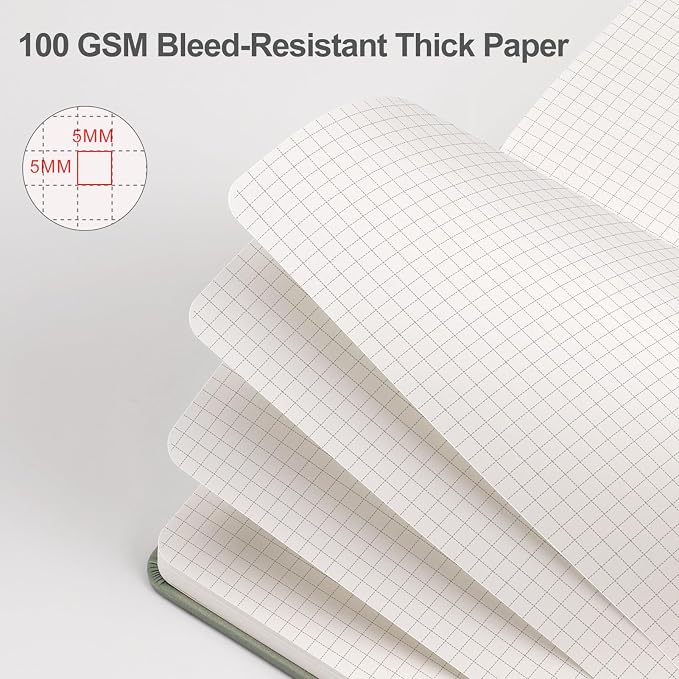 EMSHOI Graph Grid Journal Notebook, 192 Pages, A5 Size (5.7'' x 8.3'') | Leather Hardcover, 100 GSM Thick Paper, for School, Note Taking, Math, Engineering, Sun Debossed (Light Green)