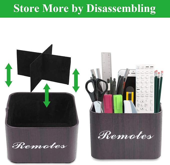Square Leather Art Supply Organizer,Remote Control Holder with Removable Dividers,360°Rotatable Pencil Holders,4 Compartments Organizer for Office Supplies Storage Box(1-Dark Brown)