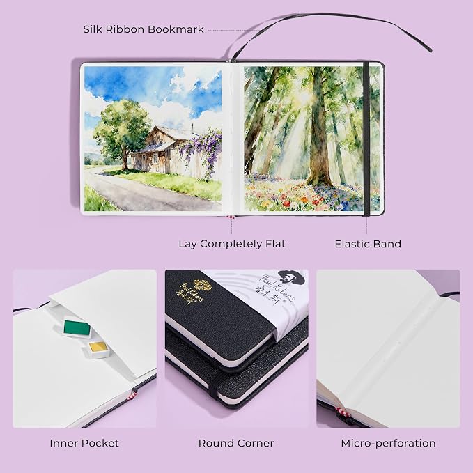 Paul Rubens Square Watercolor Journal 2 Pack 40 Sheets, 100% Cotton Acid-Free Hot Press Watercolor Sketchbook 5.91 * 5.91 Inches, 140lb/300gsm for Watercolors, Gouache, Acrylics
