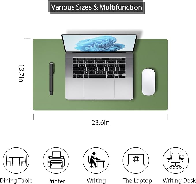 Leather Desk Pad Protector, Mouse Pad, Non-Slip Computer Mat for Desk, PU Leather Office Desk Mat for Home & Office, Waterproof Laptop Desk Blotter for Keyboard and Mouse, Olive Green (13.7''X23.6'')
