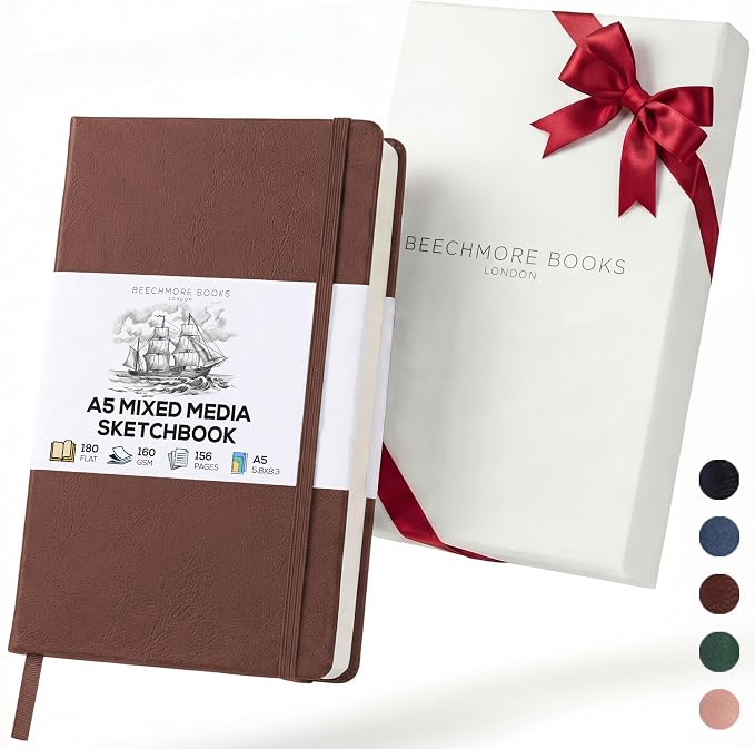 Beechmore Books A5 Mixed Media Sketchbook - 5.8"x8.3" Hardcover Lay-Flat Art Journal, 160 GSM / 98 lb Professional Perforated Paper, Gift Box, for Drawing, Ink and Light Watercolor