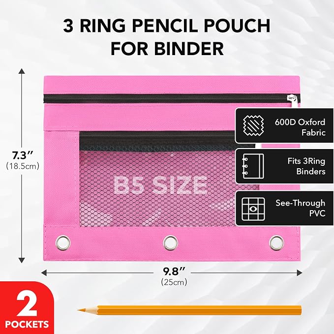 3 Ring Pencil Pouch for Binder, 2-Pocket Zipper Pencil Case with Clear Window & Mesh Pocket, Heavy Duty 600D Oxford Fabric Binder Pouch for School Office Supplies, Fits Standard 3-Ring Binders, Pink