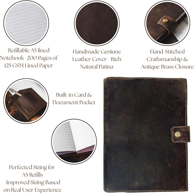 Modest Goods Refillable Leather Journal | Premium Lined A5 Notebook Cover | 200 Ruled Writing Pages | Card Holder Slot | Leather Bound Journals for Men & Women, Best Gift Travel Diary, Cool Planner