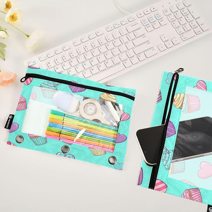 Gredecor 3 Ring Binder Pencil Pouch, Colorful Cupcakes with Swirl Zippered Pen Case Pouches with Clear Window, 2 Pack Stylish Office & School Supplie
