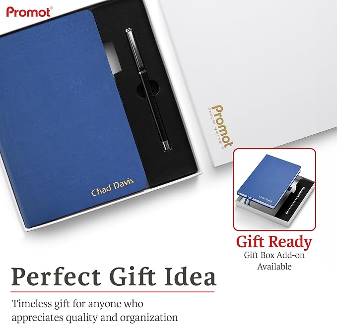 Promot PU Leather Ruled Journal Notebook- Custom Gold Metallic Text (Blue) | Premium Leather-Look Cover, Smooth Lined Writing Pages, Durable Everyday Construction, Lay-Flat Writing Experience