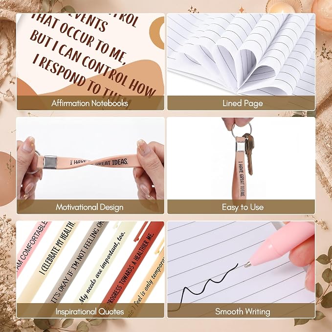 Mooliwe 24 Set Positive Affirmation Gift Set Gratitude Notebooks with Pens Keychains Small Bags Motivational Party Favors for Adult Women Coworkers Employee Group (Soft)