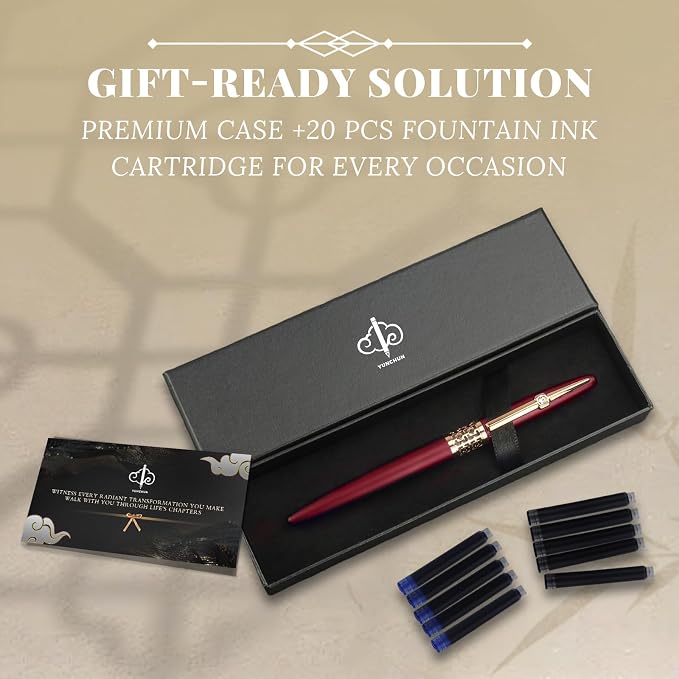 YUNCHUN Refillable Fountain Pen Fine Nib, Fancy Ink Pen with 10 Black & 10 Blue Ink Refills Cartridges, Cool Ink Pens for Writing, Business Metal, Best Gift Set for Men & Women, Red