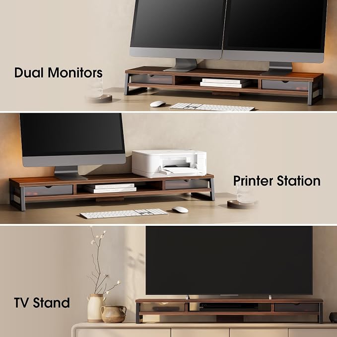 Fenge Dual Monitor Stand Riser, 42.5in Desk Shelf with 2 Drawers, Brown | 2-Tier Monitor Shelf for Desk, Storage Drawer with Stopper, Frosted, fit Home Office, Ultrawide Screen, PC, Laptop, TV