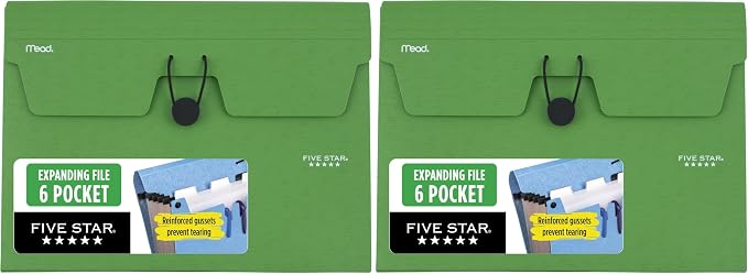 Five Star Expanding File Organizer, 6-Pocket Accordian File Organizer, Bungee Closure, Holds 11" x 8-1/2", Forest Green (350100D-ECM) (Pack of 2)