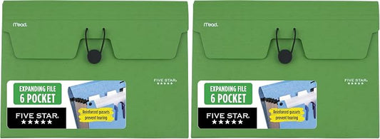 Five Star Expanding File Organizer, 6-Pocket Accordian File Organizer, Bungee Closure, Holds 11" x 8-1/2", Forest Green (350100D-ECM) (Pack of 2)