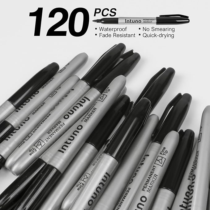 Permanent Markers, 120 Count Black, Fine tip, Oil-Based Permanent Markers, Waterproof and Fade-Resistant, for Paper, Wood, Metal, Glass and More