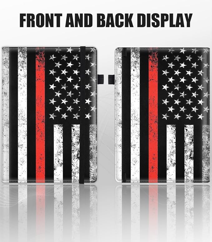 Hardcover Executive Notebooks, A5 PU Leather Lined Journal Notebook, 200 Pages Thick Paper Subject Notebooks for School,Work,Home Writing Business Notebook,Patriotic Firefighter Red Line Flag