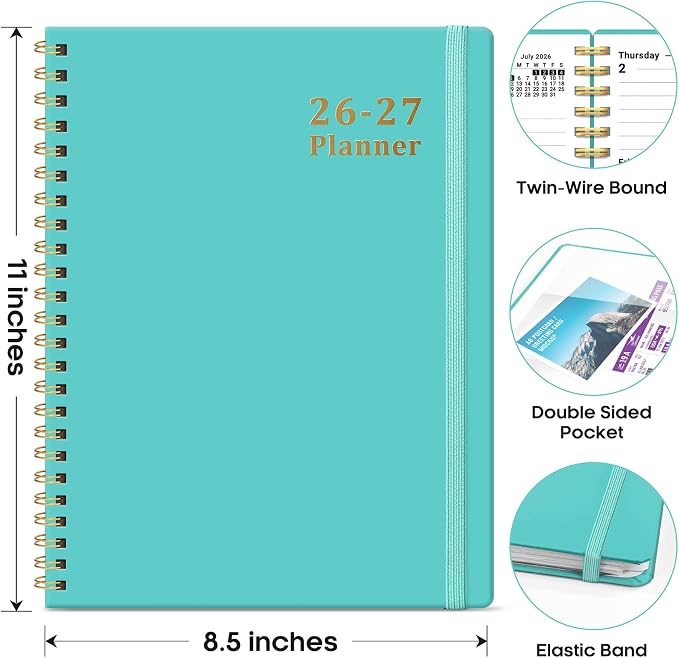 Planner 2026-2027, 8.5" x 11" Weekly and Monthly Academic Year Planner Calendar, July 2026 - June 2027, Hardcover Large School Planning Agenda With Tabs, Perfect for School & Office Supplies, A4, Aquamarine