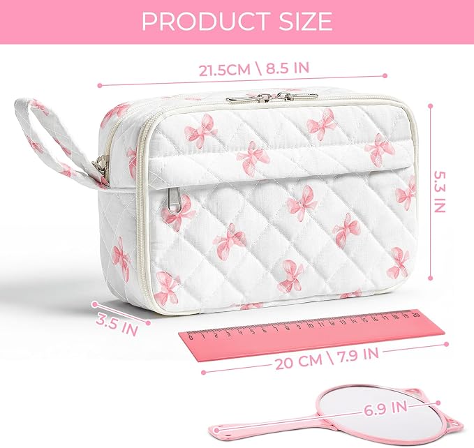 WOBAGMEN Quilted Pencil Pouch for Girls Women, Large Pencil Case Pouch with Compartments Cute Aesthetic Pencil Case Organizer, Floral Pencil Bag for School Supplies (Pink cute Bow)
