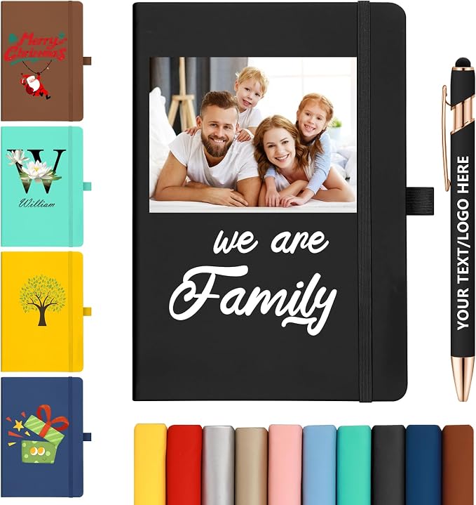 ENOMY Personalized Notebook &10 PC Pens Set A5 Journal Hardcover Custom Notebook 200 Lined Pages Business Notebook with Pen Holder for Holiday College Birthday Business Gift, Black
