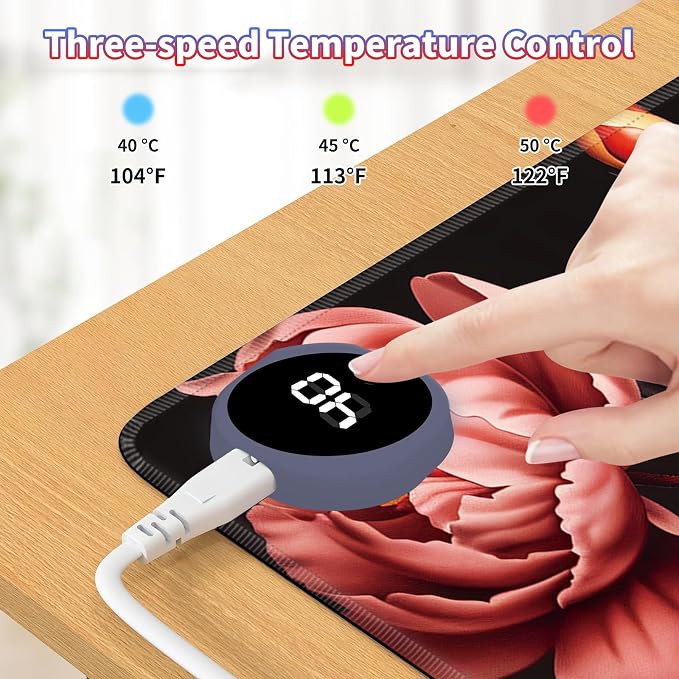 Heated Desk Pad Large Mouse Pad 31.5 x 13 inch with 3 Levels Heating & Auto Shut-Off Warm Mouse pad PU Leather Computer Mousepad for Home Office Work - Pink and Red Flower