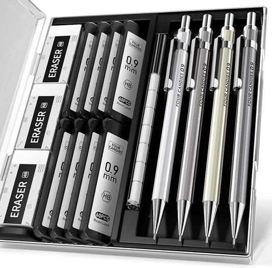 Metal Mechanical Pencil Set, Break-Resistant 0.9mm 4-Pack with Storage Case | 480 Leads, 3 Erasers+9 Refills, For School Writing, Sketching, Art Drawing & Professional Drafting