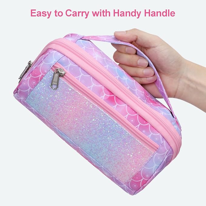 Large Pencil Case for Girls - Aesthetic Pencil Pouch for School | Kids Pencil Case & Wide Handle, Water Resistent Organizer Box,Fits 50 Pens & Markers, Daily Use, Glitter Pink Memarid