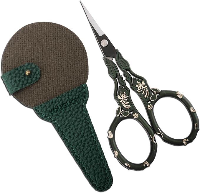 YOUGUOM Crochet Stitch Scissors with Cover, Small Crafting Shears | Vintage, Sharp, for Sewing, Embroidery, Needlework, Knitting, Yarn, Paper, Detail Thread Snips, Mini DIY Tools, Green