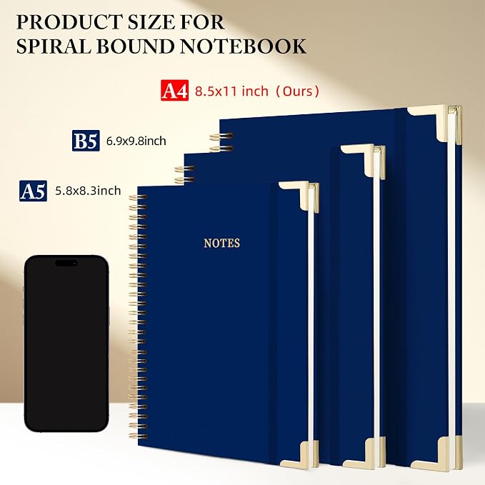 ALKALO A4 Large Spiral Notebook Journal, (8.5×11'') 100 Pages Linen Hardcover College Ruled Journaling For Work & Note Taking Thick Spiral Journal For Writing Daily Journal For Women & Men- Blue