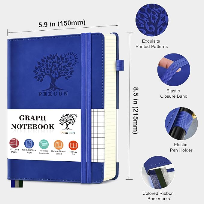 PERCUN A5 Graph Paper Notebook, Leather Journal, 160 Pages Grid Notebook | 5.9"x8.5" hardcover journal with quad ruled paper for work, school, writing, notes, journaling and daily planning.