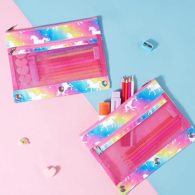 WAWSAM Unicorn Pencil Pouch for 3 Ring Binder, Zipper Pencil Pouch for Girl | 2 Pocket Clear Window Pencil Case, 3 Ring Pencil Pouch for School Supplies, Pencil Bags for Office College