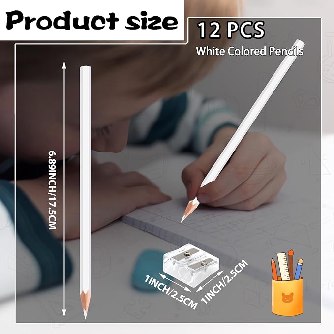 12 Pack White Colored Pencils for Kids, Pre-sharpened Art Pencils Back to School Supplies Set, Drawing Sketching Pencils for Students, Teachers, Classroom