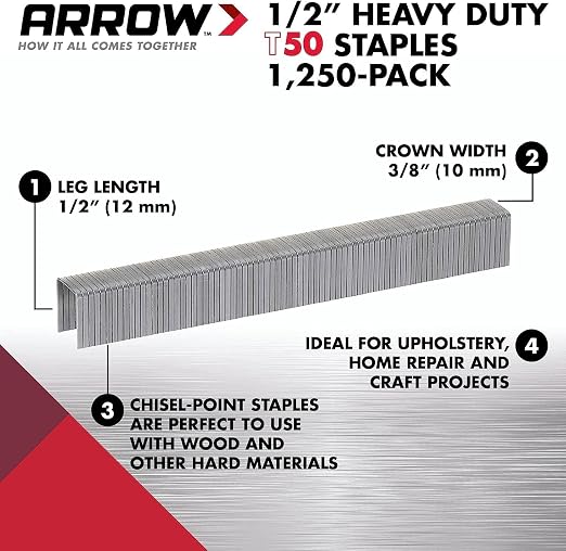 Arrow 508 Heavy Duty T50 1/2-Inch Leg Length, 3/8-Inch Crown, Staples for Upholstery, Construction, Furniture, Crafts, 1250 Count(Pack of 1) | Heavy Duty, For Upholstery, Construction, Furniture, Crafts, Fit Arrow T50 Staple Guns, Hammer Tackers and Pn...