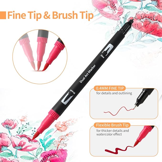 Peablce Art Markers Brush Pen Markers for Adult Coloring 32 Colored Pens | Fine Point Highlighter Pen & Brush Markres for Journaling Note Taking Planner
