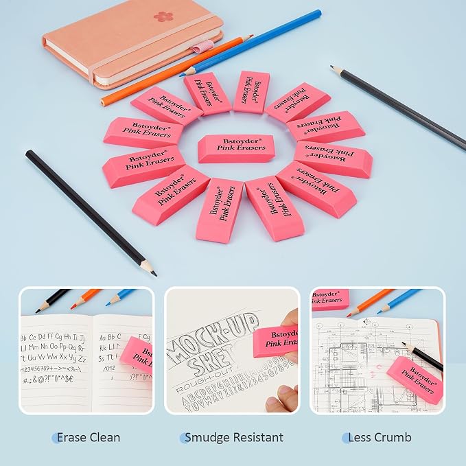 12 Rubber Pencil Erasers Bulk for School/Office, Latex-Free Smudge-Free Soft Bevel Erasers for Students, Bulk School Supplies for Classrooms, Teachers, Home, Office, Art Class