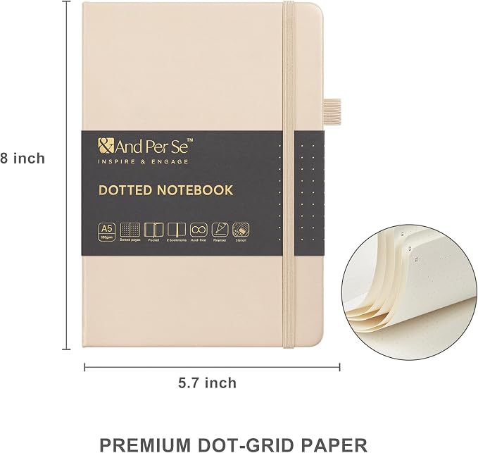 &And Per Se Dotted Journal Kit, A5 Hardcover Dot Grid Journal Notebook Set for Beginners with Journaling Supplies Stencils, Stickers, Washi Tapes & Colored Pens Accessories (Light Apricot)
