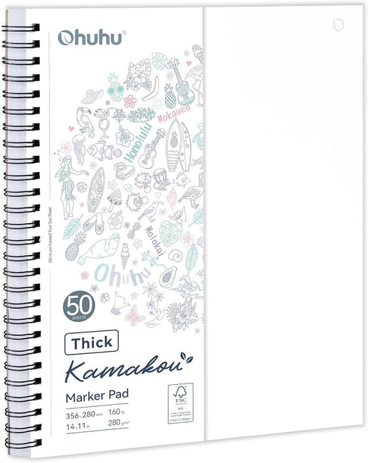 Ohuhu 11"x14" Double-Sided Bleedproof Marker Pad Art Sketchbook 50 Sheets | Large Sketch Book - 160 LB/280 GSM Smooth Drawing Paper - 50 Sheets/100 Pages - Spiral-Bound Sketch Pad for Alcohol Markers