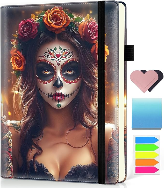 Hardcover Executive Notebooks, A5 PU Leather Lined Journal Notebook, 200 Pages Thick Paper Subject Notebooks for School,Work,Home Writing Business Notebook，Day of The Dead Sugar Skull Woman