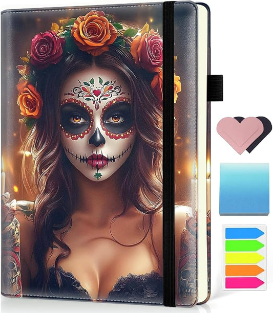 Hardcover Executive Notebooks, A5 PU Leather Lined Journal Notebook, 200 Pages Thick Paper Subject Notebooks for School,Work,Home Writing Business Notebook，Day of The Dead Sugar Skull Woman