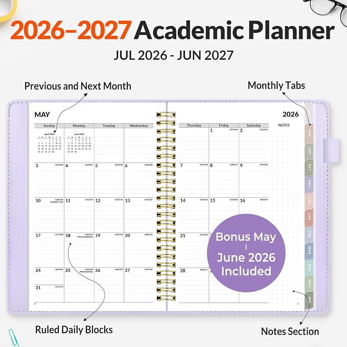 SUNEE 2026-2027 Weekly & Monthly Planner 6.4"x8.5" - 12 Month (July 2026 - June 2027), Vegan Leather Cover Planner Academic Year Calendar, Pocket, Notes, Monthly Tab, Purple