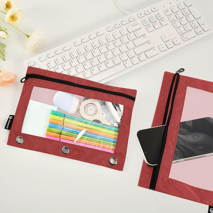 Gredecor Binder Pencil Pouch 3 Ring Brown Zipper Pencil Pouches Case 2 Pack Clear Binder Organizer for School Office