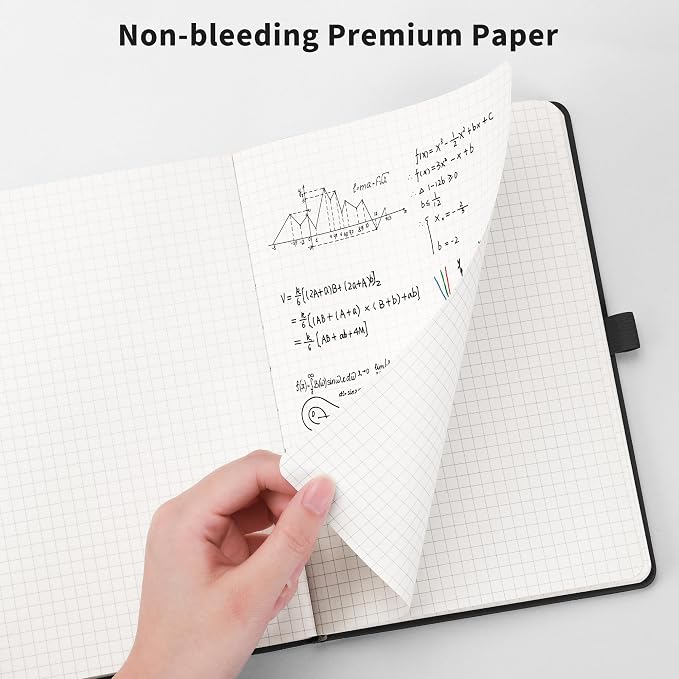 RETTACY Graph Grid Paper Notebook, 192 Pages, A5 Size (5.7'' x 8.3'') | 5 Squares per Inch, Leather Hardcover, 100 GSM Thick Paper, for School, Students, Math, Engineering (Black)