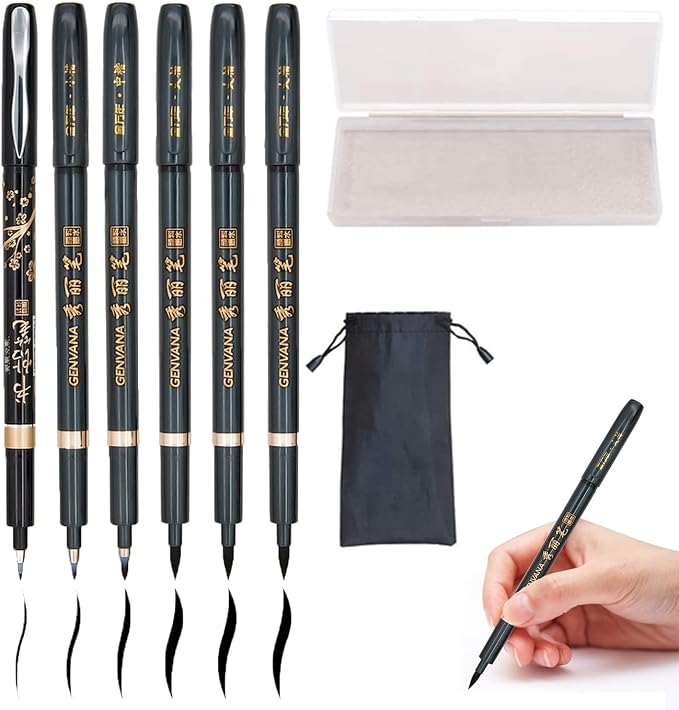 Hand Lettering Calligraphy Pens Brush Marker 4 Size Refillable 6pc | Writing, Painting, Drawing, Pack of 6 Black