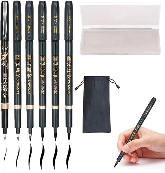 Hand Lettering Calligraphy Pens Brush Marker 4 Size Refillable 6pc | Writing, Painting, Drawing, Pack of 6 Black