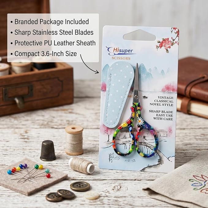 Classic 3.6" Sewing Scissors with Premium Leather Sheath-Hisuper Sharp Embroidery Scissors,Vintage Decorative Shears for Needlework,Cross Stitch,Crochet Accessories,Craft DIY Tool-Black Floral