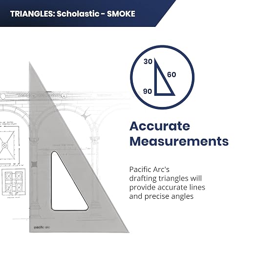 Pacific Arc's Scholastic Triangle - 12 inch - Smoke - 30/60 Angle - Polystyrene - Inking Edge - Technical Drawing Tools, Drafting, Architect and Engineering.