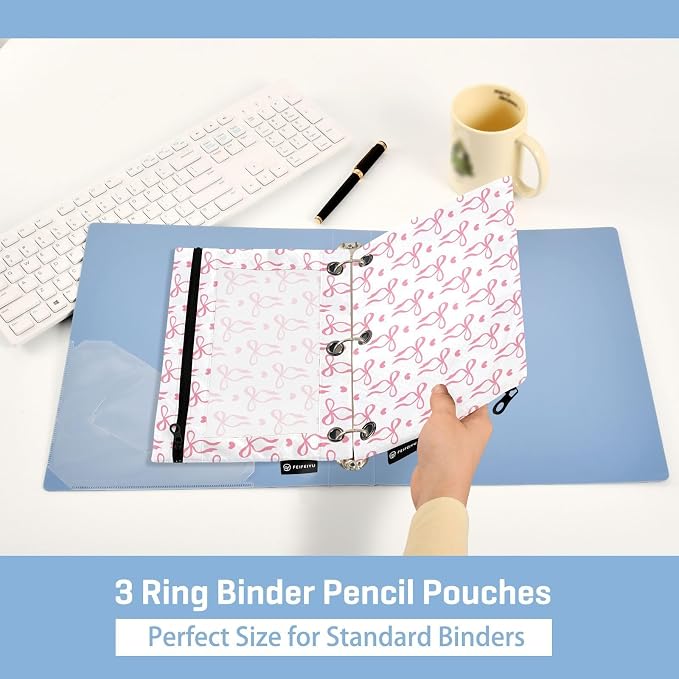 Gredecor 3 Ring Binder Pencil Pouch, Romantic Pink Bows Hearts Zippered Pen Case Pouches with Clear Window, 2 Pack Stylish Office & School Supplie