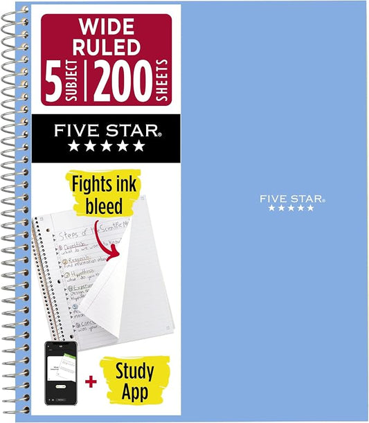 Five Star Spiral Notebook + Study App, 5 Subject, Wide Ruled Paper, 8" x 10-1/2", 200 Sheets, Fights Ink Bleed, Water Resistant Cover, Tidewater Blue (73196) (Pack of 6)